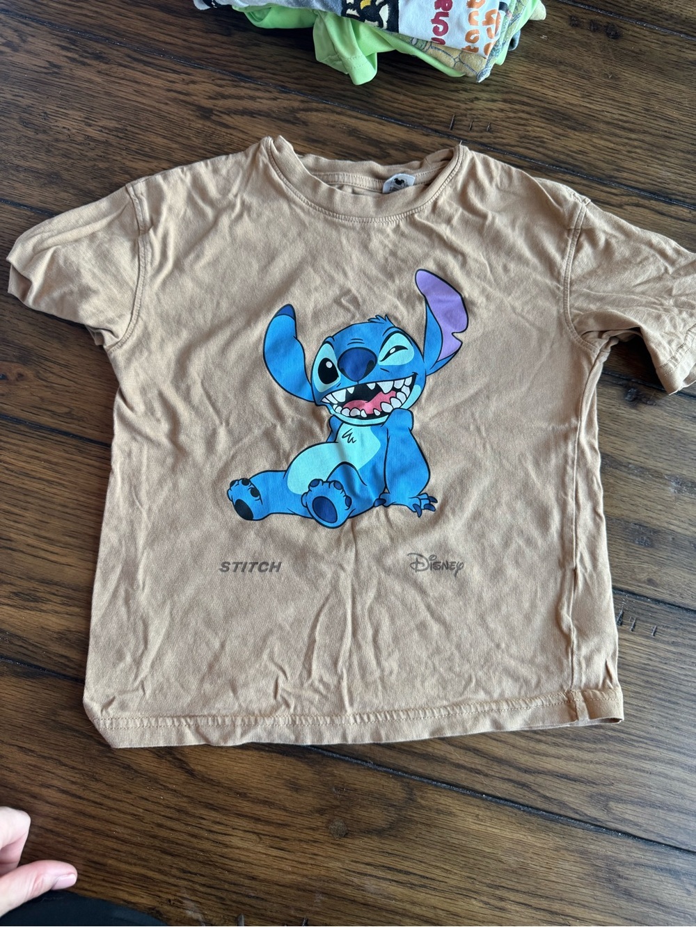 Disney Tan Kids Short Sleeve Tee with Blue Stitch Graphic
